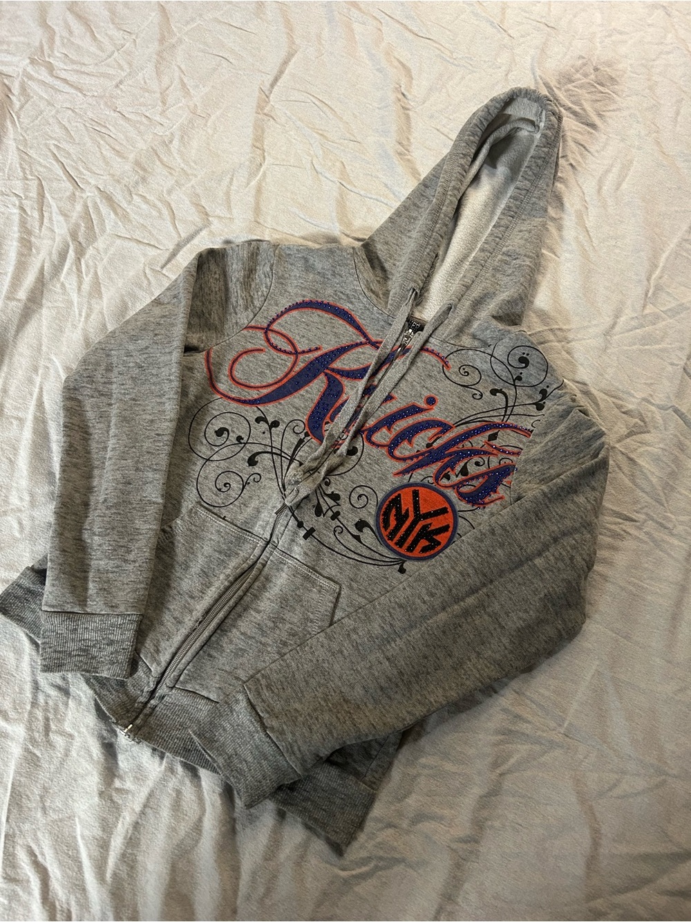 NBA 4Her New York Knicks Gray Rhinestone Full Zip Hoodie Sweatshirt Size M